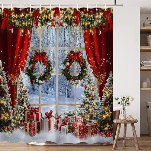 Christmas Shower Curtain 70x70 Inches, Winter Forest Tree Design - Red Green