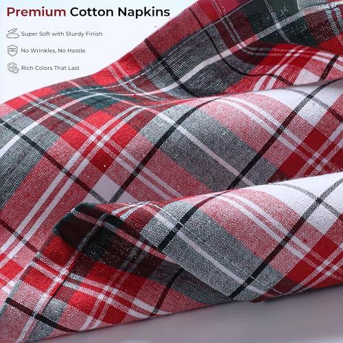 Red Plaid Tartan Cloth Napkins Set of 4 - 18x18 Inches, Cotton