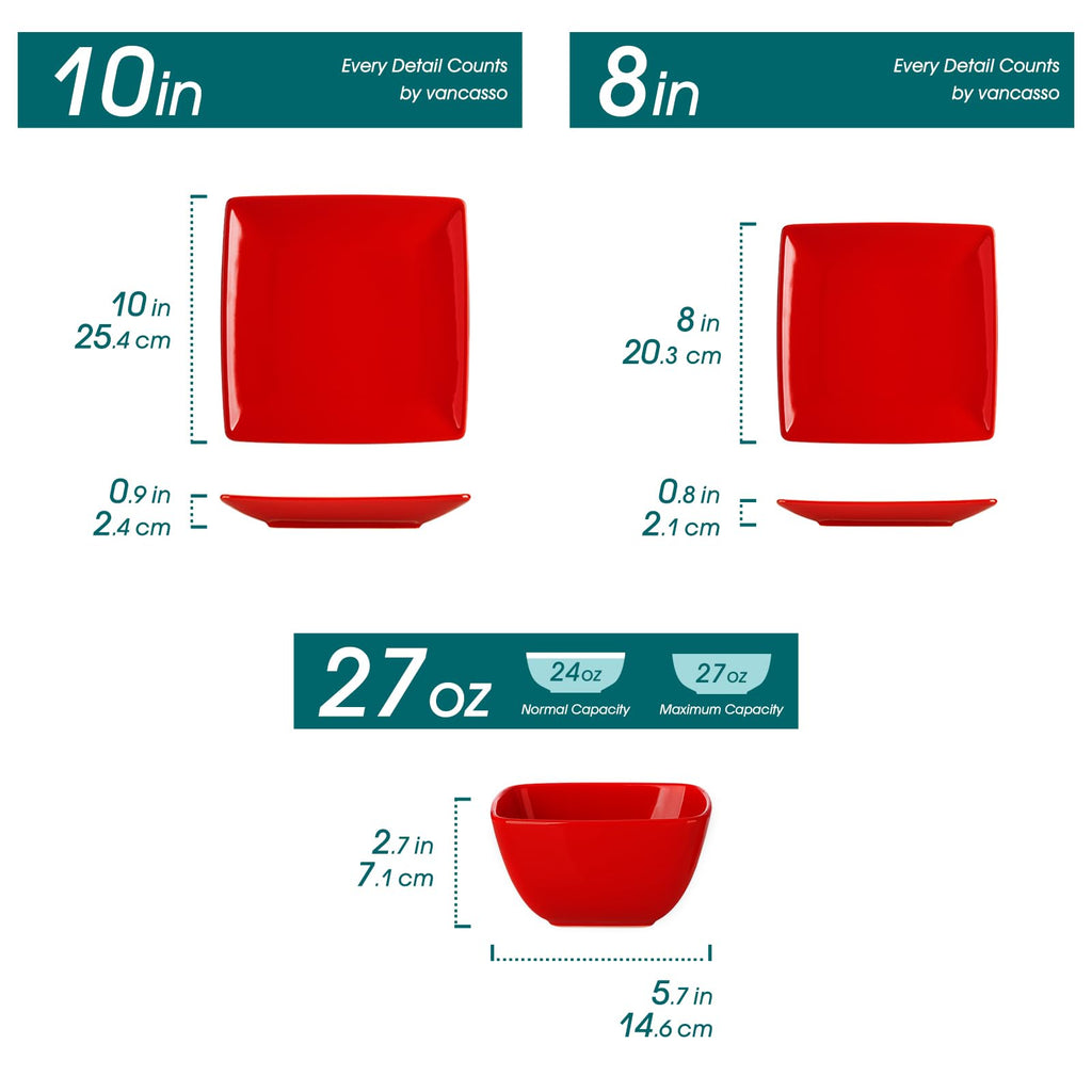 vancasso Soho Dinnerware Sets 12 Pieces, Red Stoneware Square Place Setting, Dinner Plate, Plates and Bowls Sets, Dishes Service for 4