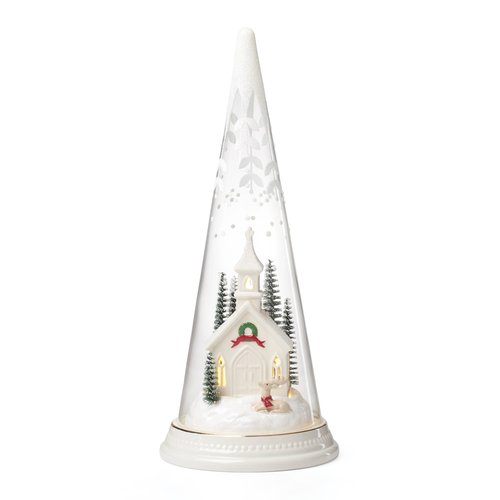 Lenox 896634 Lit Christmas Cone with Church Scene, Holiday Decor