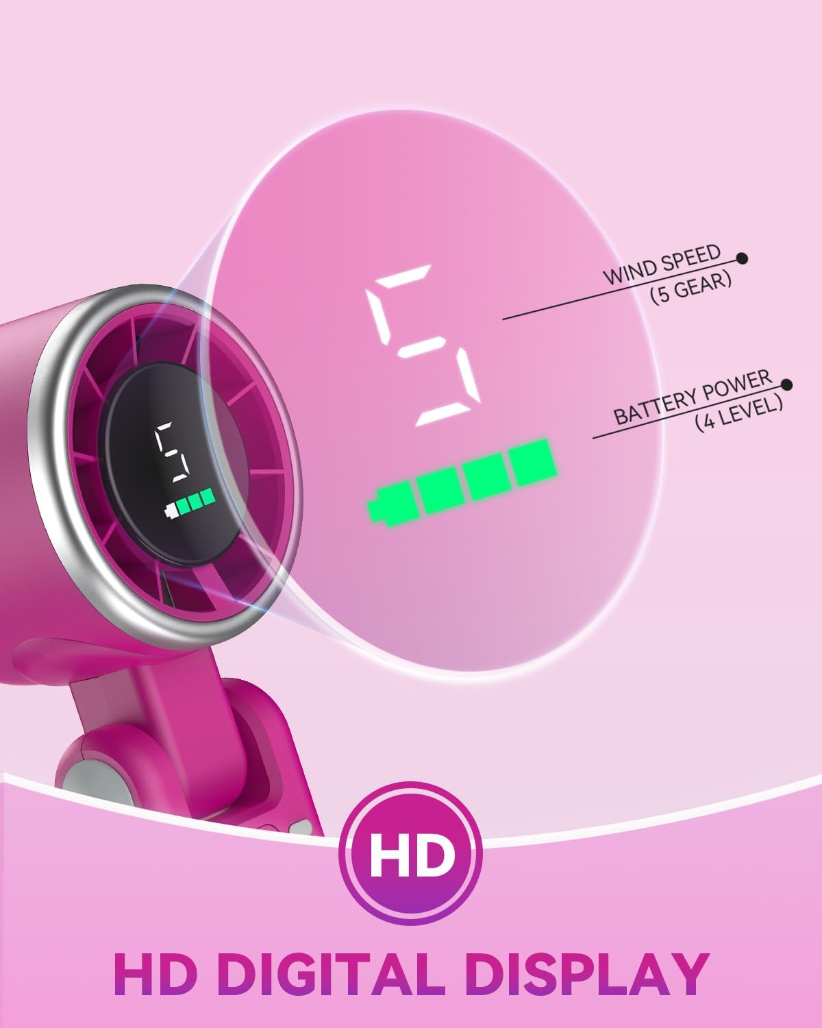 PlayHot Portable Handheld Turbo Fan - 5-Speed Rechargeable Personal Fan | 5000mAh Battery, 12-Hour Run Time, 3-in-1 Design (Magenta)