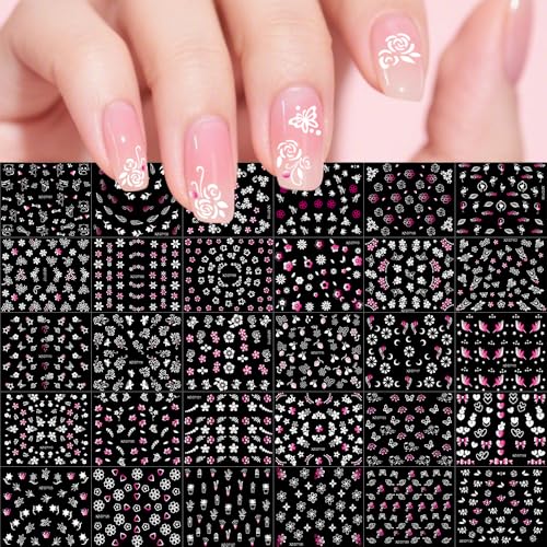30 Sheet Pink & White Flower Nail Stickers 3D Floral Butterfly Decals