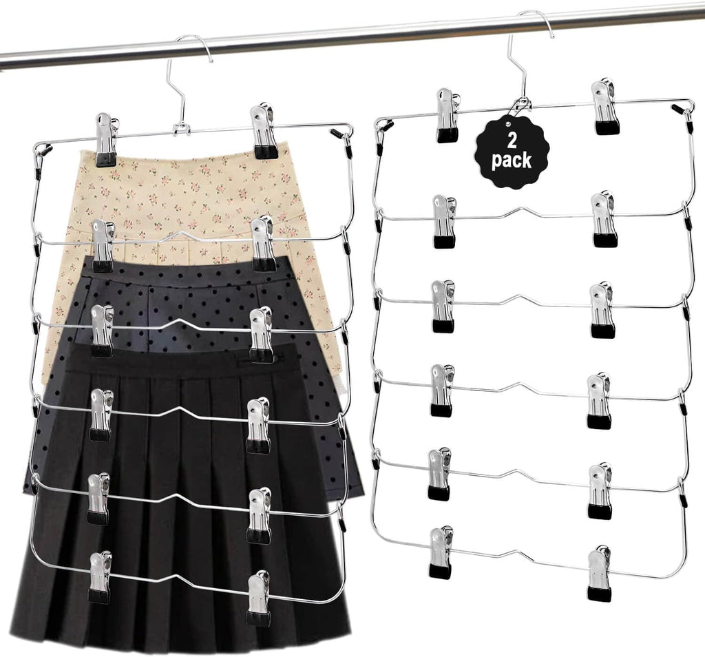 Skiennix Skirt Pants Hangers - Space-Saving Metal Clips for Organized Storage | Black, 2-Piece Set