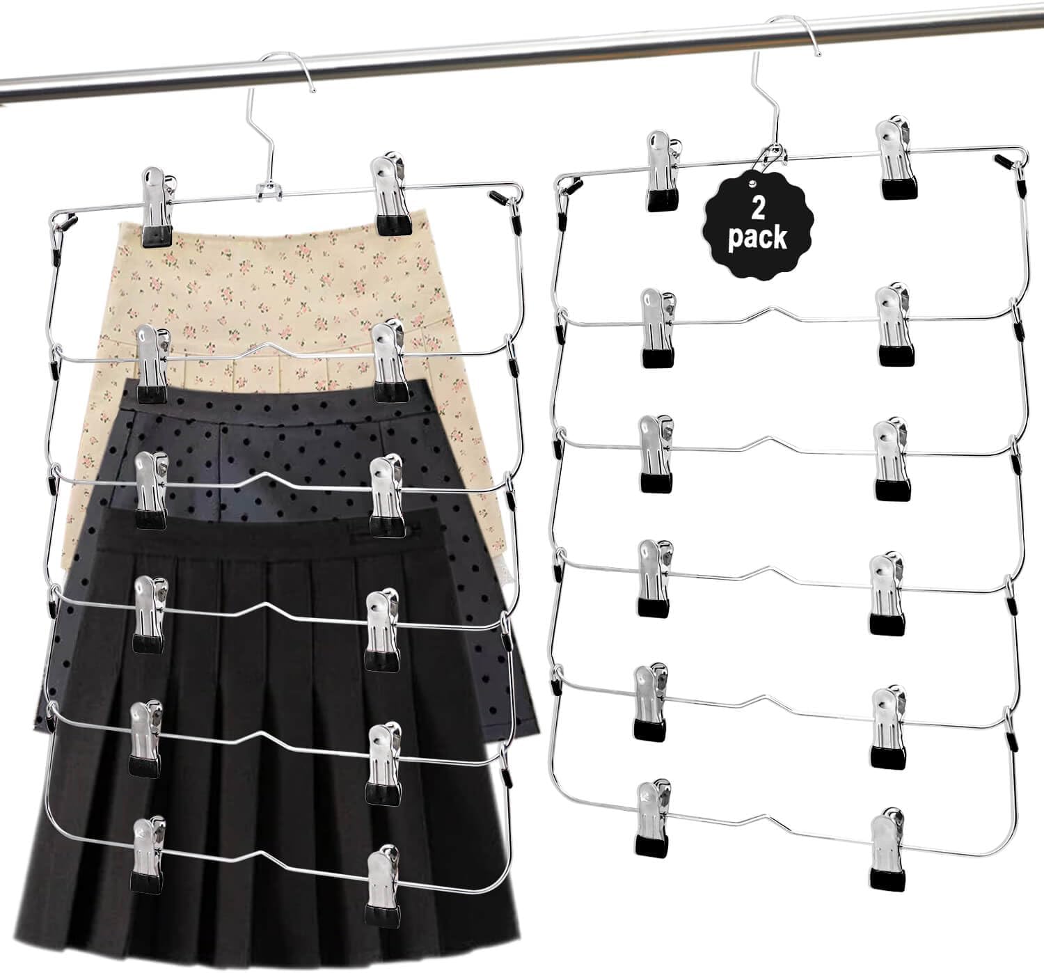 Skiennix Skirt Pants Hangers - Space-Saving Metal Clips for Organized Storage | Black, 2-Piece Set