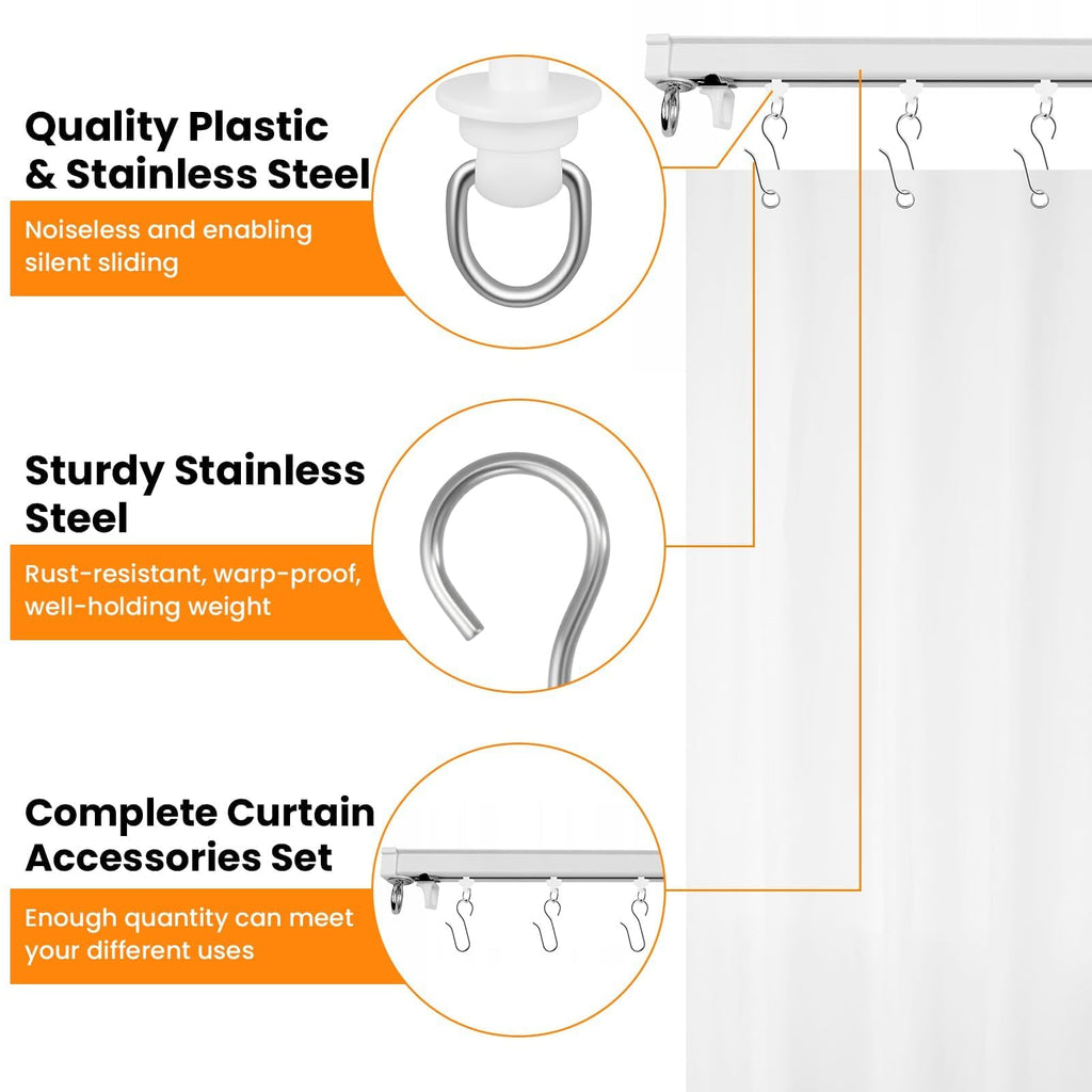 MARRTEUM 120 Pcs Shower Curtain Track Gliders & Curtain Hooks Set, Ceiling Mount Sliding Track S Shaped Metal Drapery Hooks and Plastic Rollers Sets for Drape Rails and Tracks
