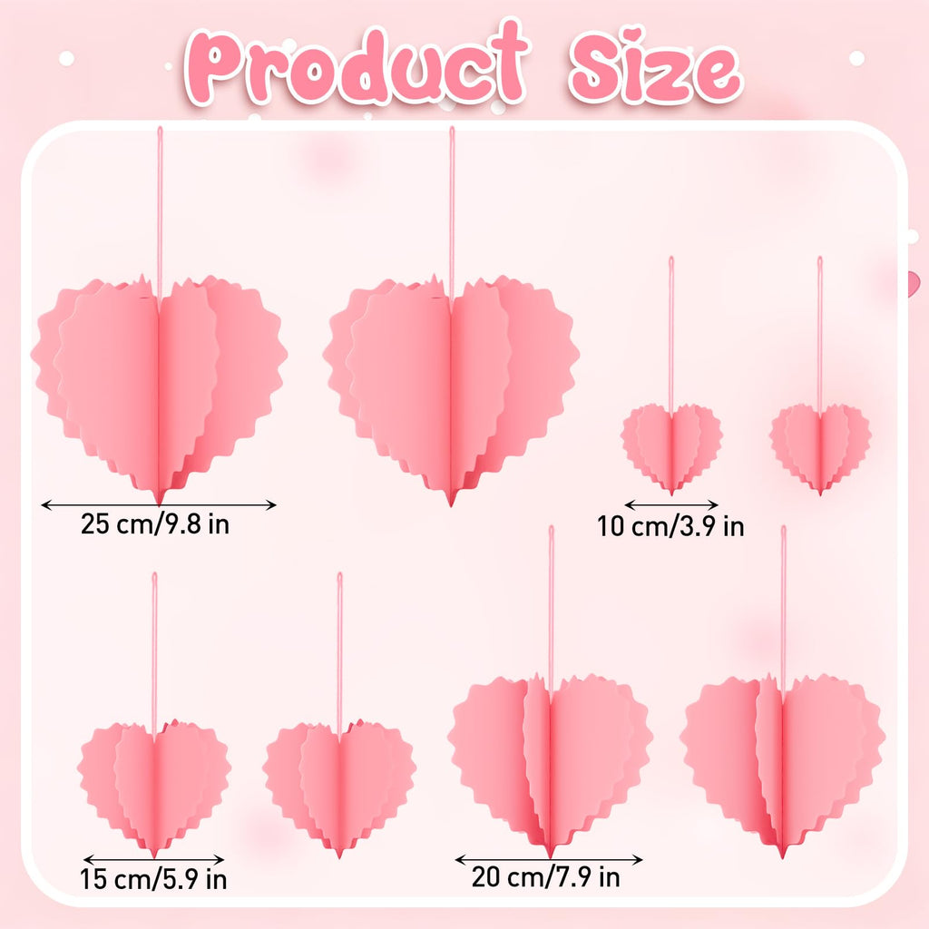 Valentines Day Decorations - 8 Pcs Pink 3D Valentines Hanging Hearts Ornaments Paper Valentines Tree Decorations for Valentines, Wedding, Engagement, Anniversary, Galentines Party Décor