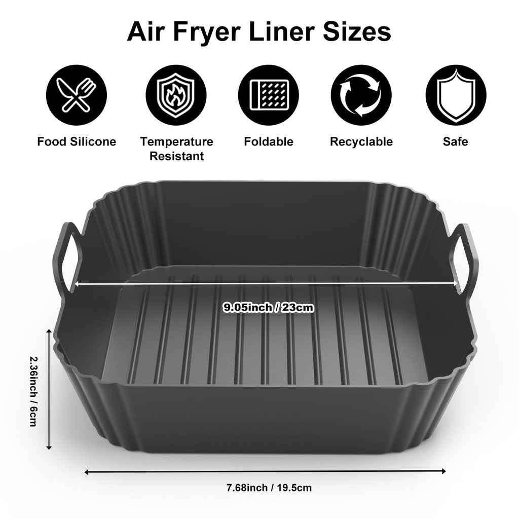 PINTAUR 9-Inch Large Square Silicone Air Fryer Liners for Ninja AF141 AF181 AF142 Cosori 6QT, 2 Pack Silicone Pot Baking Accessories for Chefman, Instant, Cuisinart, Reusable Tray Insert 5–8QT