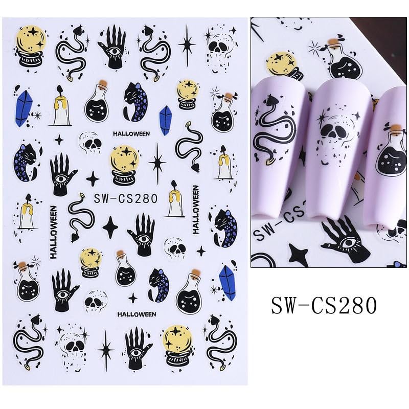 JUNCHAO 3D Embossed Halloween Nail Stickers Black Cat Skeleton Decals