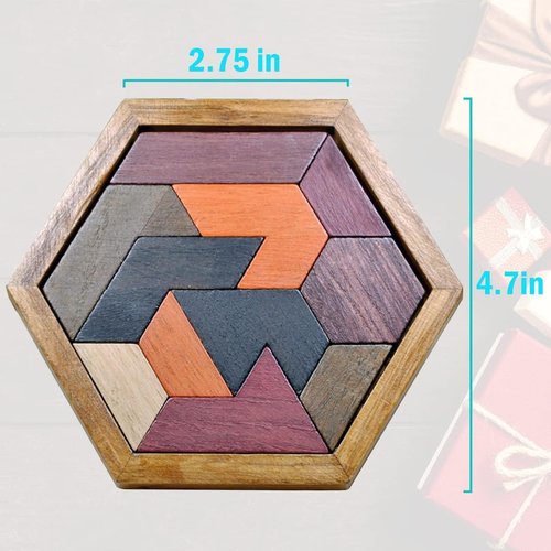 KINGOU Hexagon Tangram Puzzle | Engaging Wooden Brain Teasers for Kids & Adults - Perfect Family Game
