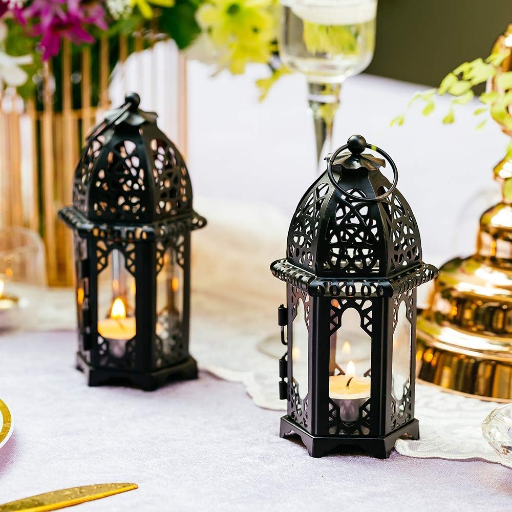 NUPTIO Moroccan Style Candle Lantern - Small Tealight Holder with Transparent Glass Panels | 2 Pcs, Black