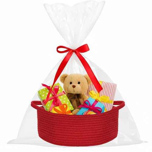 ShellKingdom Storage Basket with Handles, Empty Gift Basket with Gift Bags and Ribbon, Small Woven Baskets for Home, Nursery Storage Organizer, 12 X 8 X 5 INCH, Valentine's Red