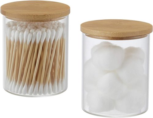INIUNIK Glass Qtip Holder - Stylish Vanity Tray & Apothecary Jar Organizer for Bathroom Essentials