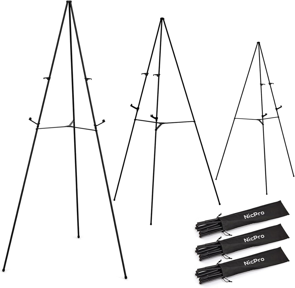 Nicpro Folding Easels - 63 Inch Metal Tripod Stand for Artists | Portable Black Display Easel (3 Pack)