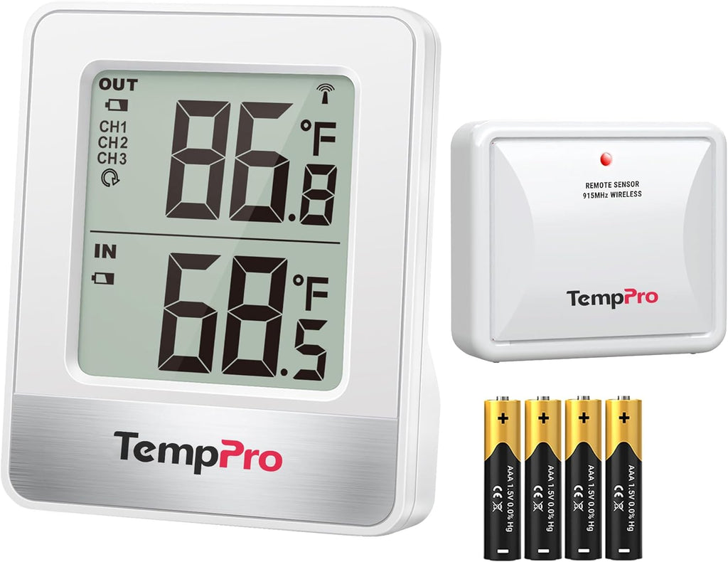 TempPro Wireless Indoor Outdoor Thermometer - 500FT Range Temperature Sensor for Greenhouse, Patio & Home