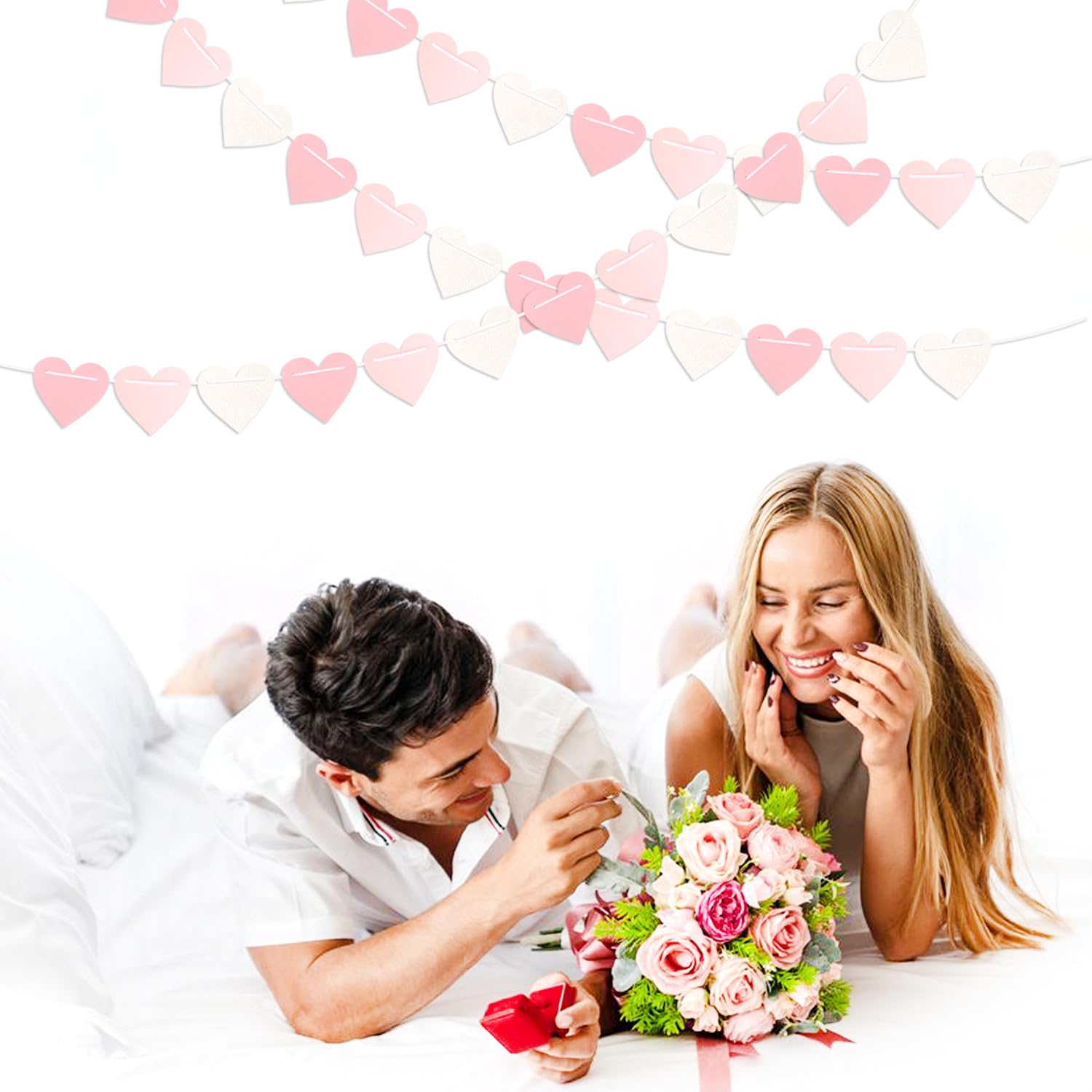 Pink-White Girls Birthday Party-Decorations Streamers-Garland - 40Ft Heart Galentines Hanging Paper Banner,Valentines Baby Bridal Shower Bachelorette Anniversary Mothers Day Supplies Decor Ouruola
