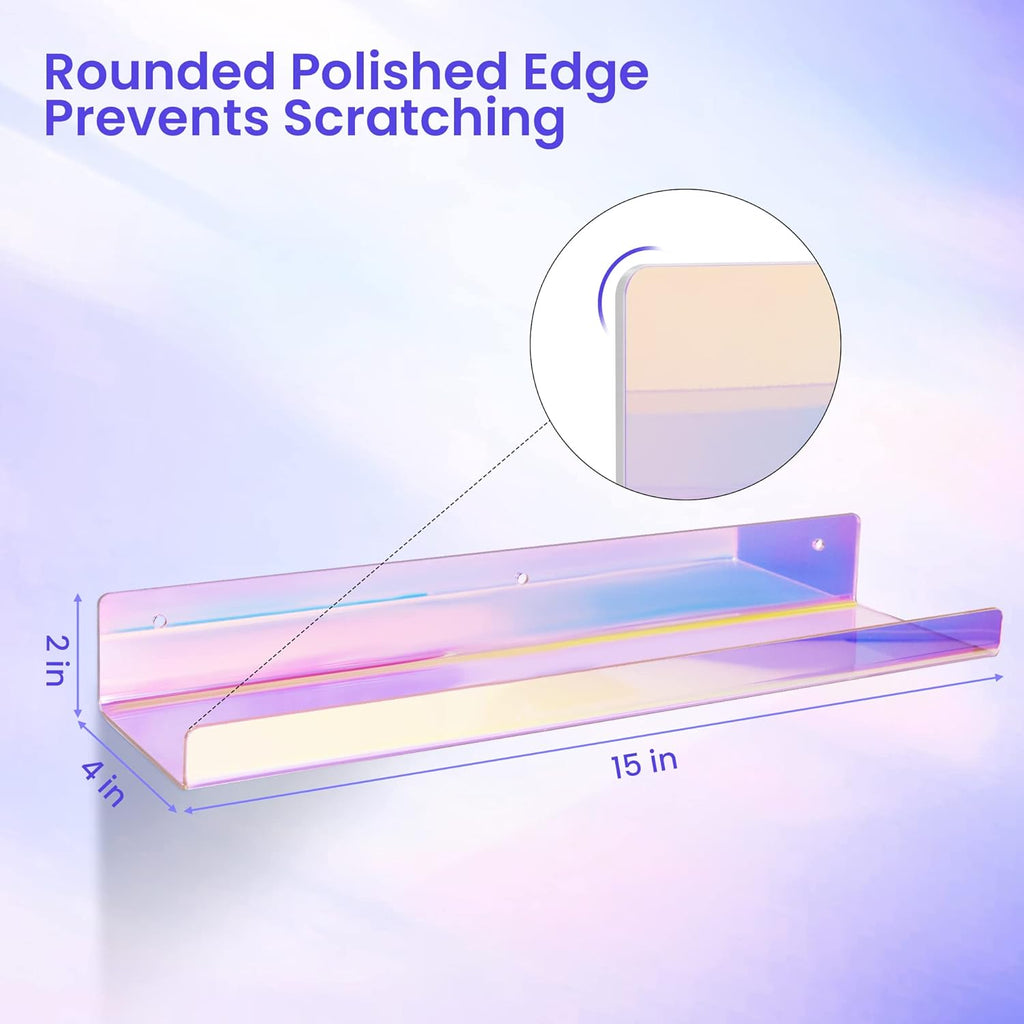 Upsimples Acrylic Wall Shelves - 15” Display Shelf for Perfume & Skincare | Iridescent 4-Pack
