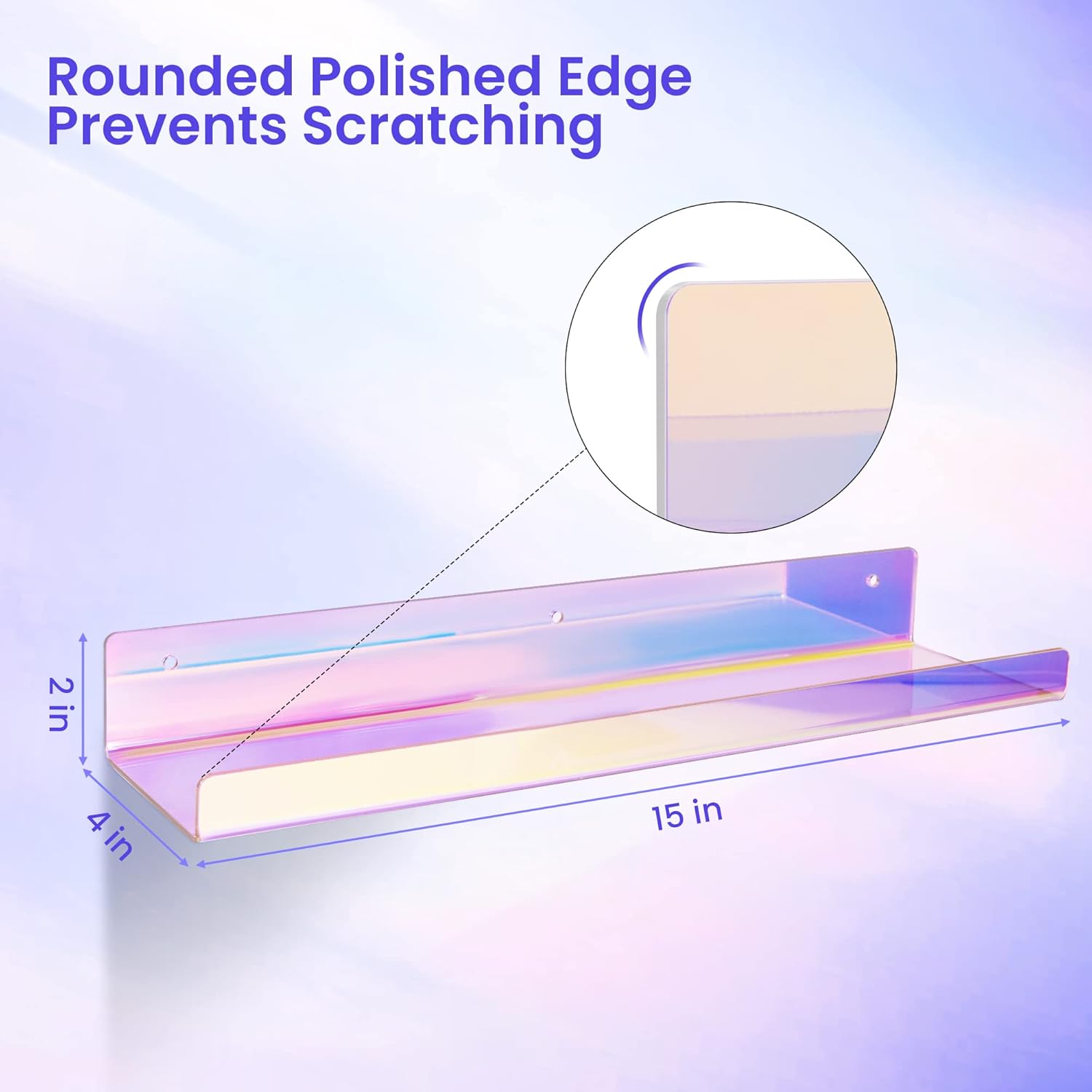 Upsimples Acrylic Wall Shelves - 15” Display Shelf for Perfume & Skincare | Iridescent 4-Pack
