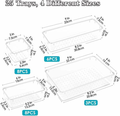 25-Piece Clear Plastic Drawer Organizer Set - Versatile Non-Slip Storage Bins for Bathroom, Kitchen & Office