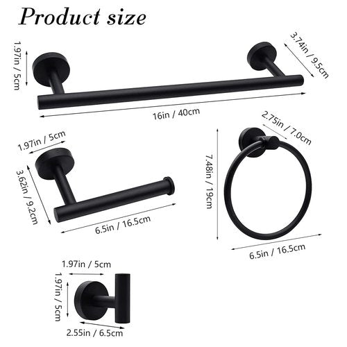 Bathroom Hardware Towel Bar Set - Matte Black Bathroom Accessories Set - Including 16" Hand Towel Bars - Toilet Paper Holders - Towel Rings - Robe Towel Hooks