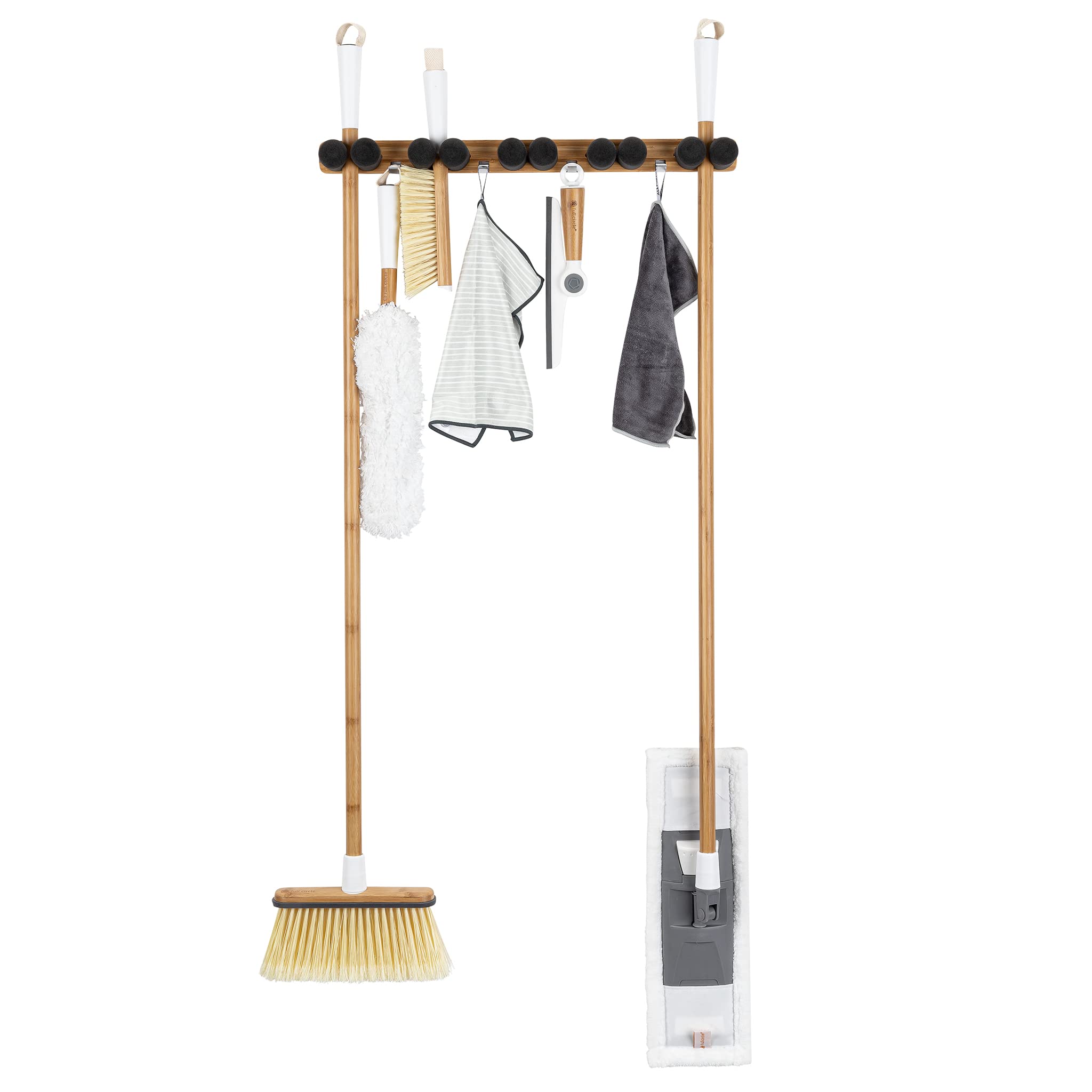 Full Circle Get A Grip, Wall-Mounted Mop and Broom Organizer, Lightweight Bamboo with Foam Pegs, Easy to Install Home Organization, Also Perfect for Garden Tools and Garage, Large
