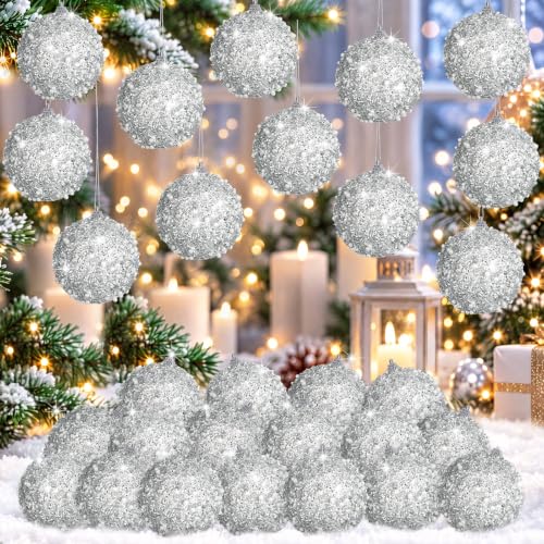 24 Pcs Silver Glitter Christmas Ball Ornaments - 2.36 Inch Holiday Decor