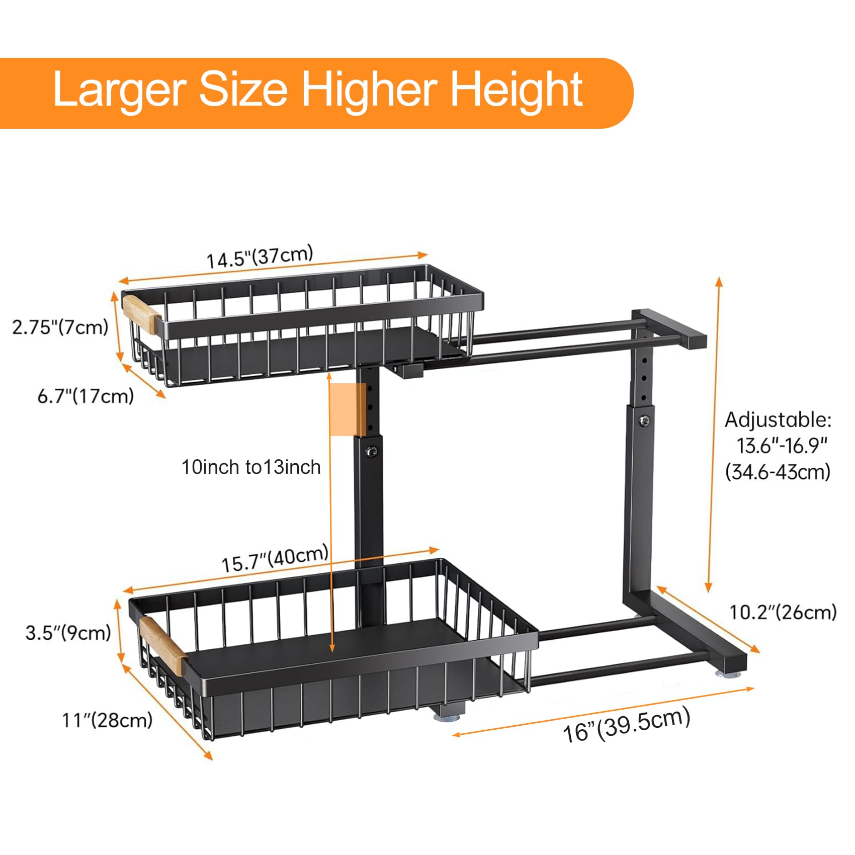 PXRACK Under Sink Organizer, Adjustable Height, 2 Tier Pull Out Under Cabinet Organizer, Slide Out Thickened Metal Under Sink Storage for Kitchen Bathroom Laundry Pantry Cabinet, Black, Large-2-Pack
