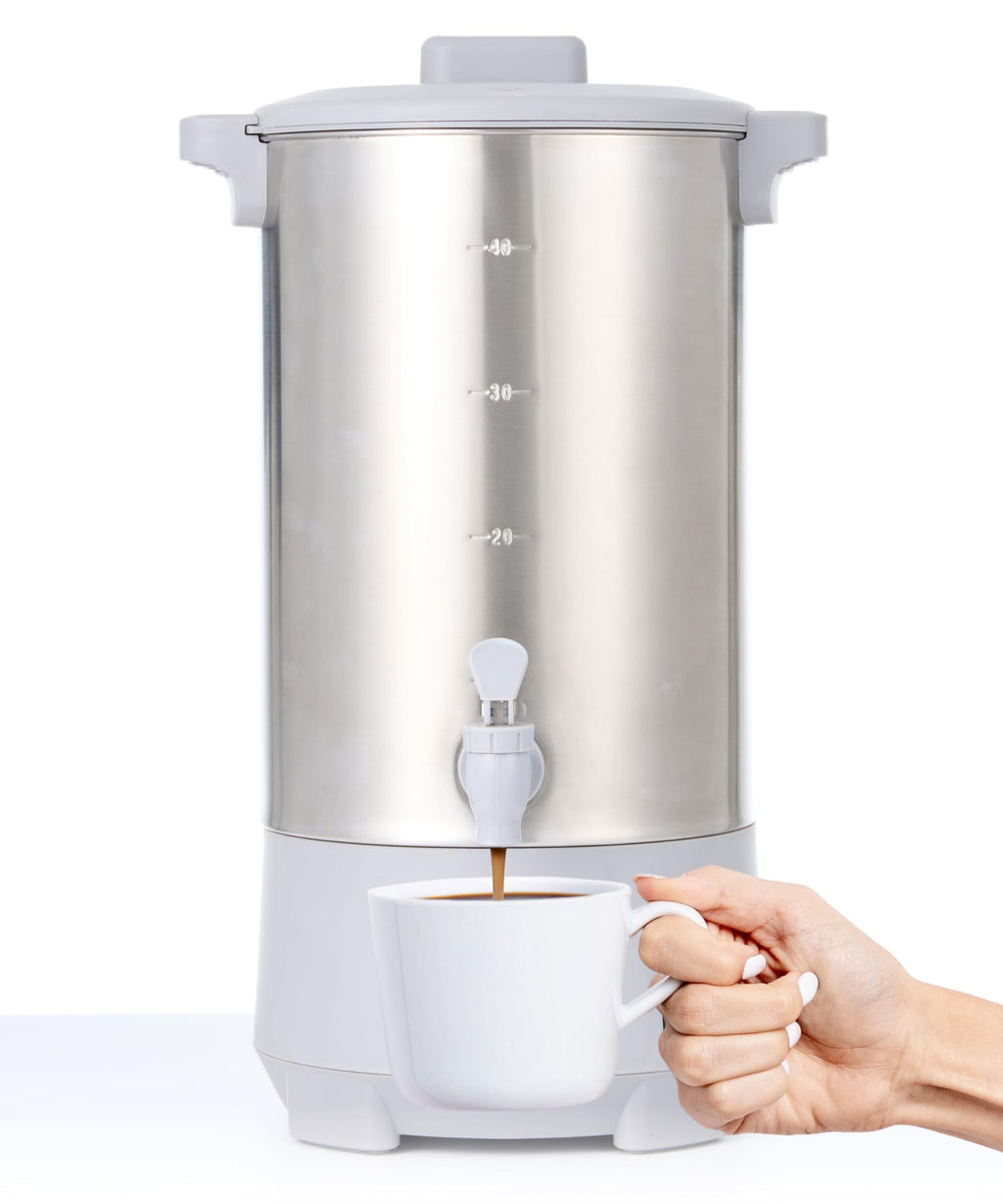 SYBO 45 Cup Coffee Urn, Commercial Grade Stainless Steel Percolate Coffee Maker, Removable Filter, Easy to Clean, Hot Water Urn for Catering, Hot Beverage Dispenser with Cool-Touch Handles, 6L, Grey