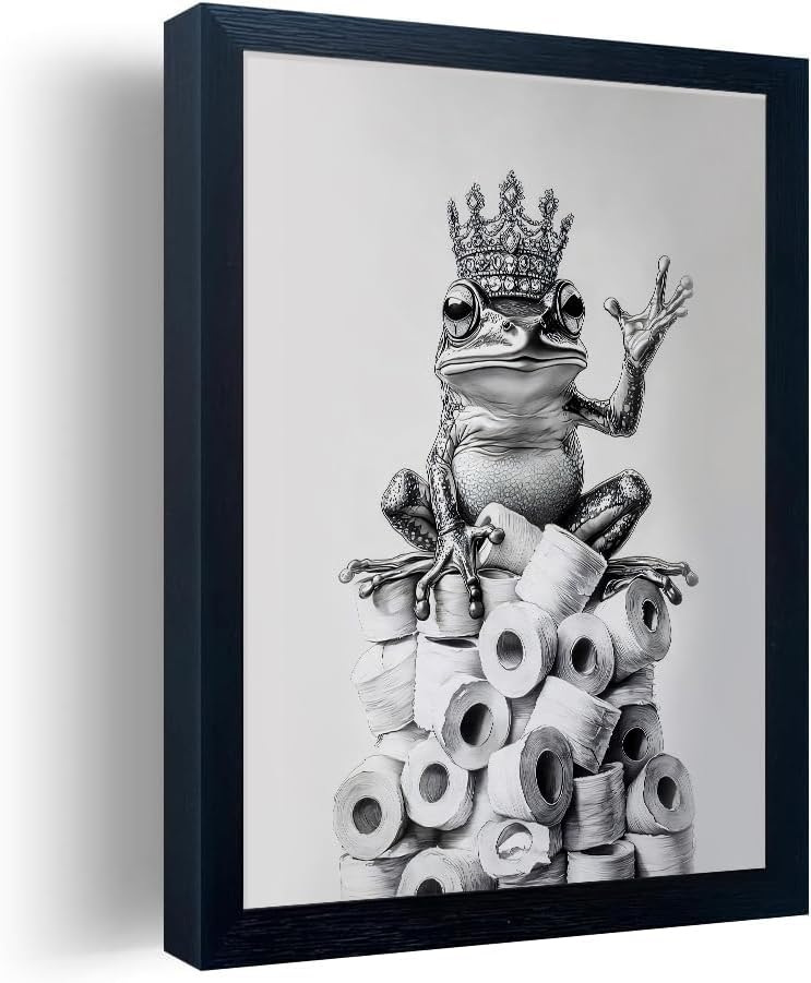 Orvannaatr Bathroom Wall Art - Framed Black and White Frog Decor | Playful Crown Toilet Paper Design