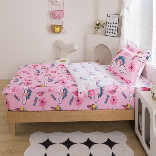 lishjekee 4 Pieces Rainbow Strawberry Comforter Twin Zipper Bedding Girls Rainbow Bedding Set Zip Up Bed in A Bag for Kids Kawaii Pink Flower Bed Sets with Fitted Sheet Pillowcases