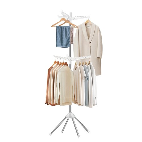 SUYU Clothes Drying Rack,Folding Clothes Drying Tree, 2 Layer with 6 Rotatable Arms,72-Inch Indoor Clothes Rack,Stainless Steel,4 Legs,White and Silver SNJ202