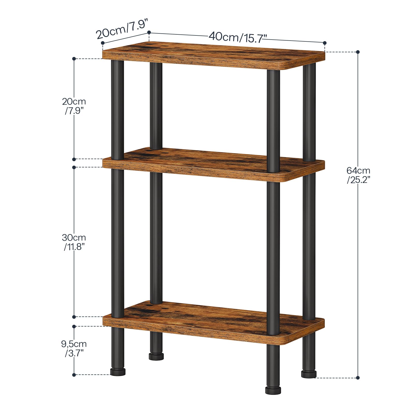 HOOBRO Narrow Side Table, 3-Tier Slim End Table No Tools Needed, Twist-On Assembly, Skinny Nightstand Sofa Storage Shelf for Living Room, Bedroom, Study, Rustic Brown and Black BF246BZ01N1
