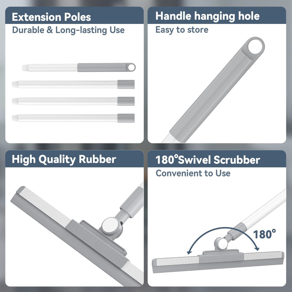 Floor Squeegee with 180° Rotating Head, Squeegee for Floor with 52'' Long Handle, Squeegee Broom, Squeegee for Window Cleaning, Bathroom Tile, Garage Concrete, Deck, Shower Glass (White)