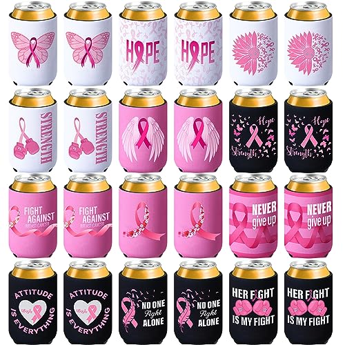 Breast Cancer Awareness Can Cooler Sleeves - 24 Pack Neoprene Drink Holders