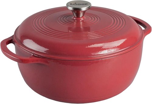 Lodge Enamel Cast Iron Dutch Oven - 6 Quart Moisture-Sealing Lid & Dual Handles - Ideal for Baking & Slow Cooking - Cranberry