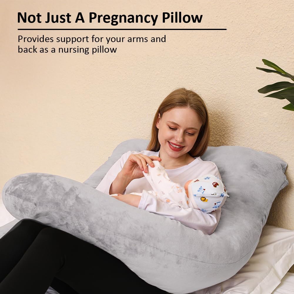 Chilling Home Memory Foam Pregnancy Pillow, J Shape Pregnancy Pillows for Sleeping, Body Pillow for Adults, Maternity Pillow for Pregnant Women, with Velvet Removable Cover, Light Grey