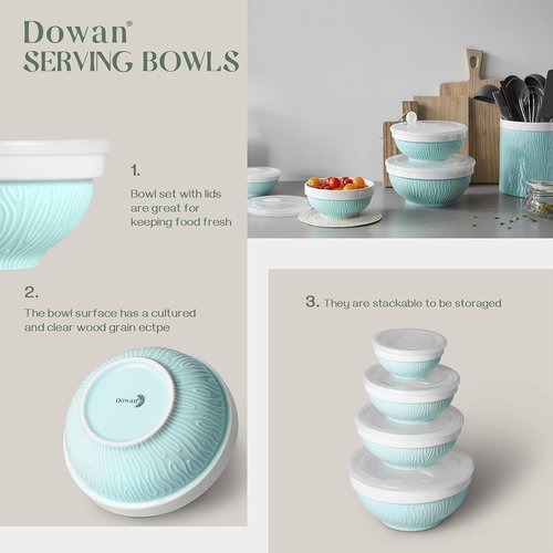 DOWAN Mixing Bowls Set - Ceramic Serving Bowls with Lids for Food Storage | 4-Piece Turquoise Set (64/32/24/12 Ounce)