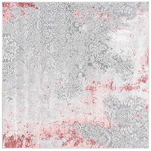 SAFAVIEH Meadow Collection Area Rug - 3' Square, Light Grey & Pink, Modern Abstract Design, Non-Shedding & Easy Care, Ideal for High Traffic Areas in Living Room, Bedroom (MDW573G)