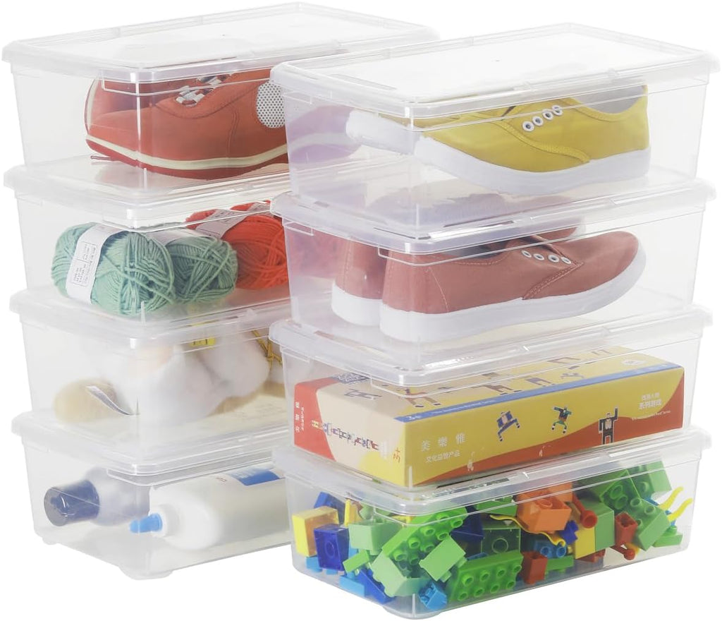 Stackable Plastic Storage Shoebox - BPA-Free Nestable Container for Shoe Organization | 6 Quart, Transparent, 8 Pack