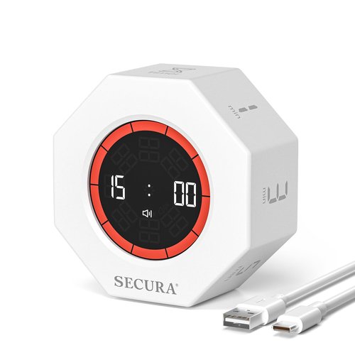 Secura Pomodoro Timer, Rotating Cube Time Tracker, Flip Gravity Sensor with 7 Presets, Visual Progress Bar for ADHD, Kids, Tasks, Work, Study (White)