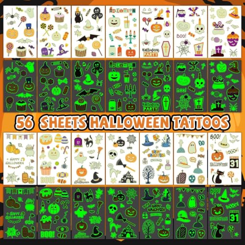 EMOME Glow in the Dark Halloween Temporary Tattoos for Kids, 56 Sheets