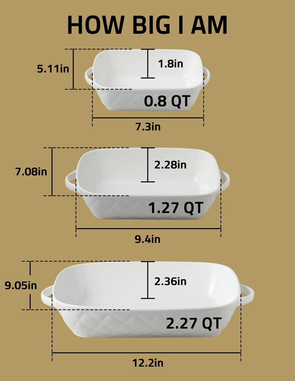 Sweejar Casserole Dishes - Set of 3 Ceramic Bakeware for Oven Cooking | Rectangular 12.2x9.2x2.5 Inches (White)