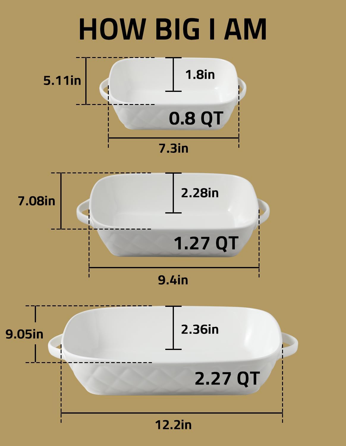 Sweejar Casserole Dishes - Set of 3 Ceramic Bakeware for Oven Cooking | Rectangular 12.2x9.2x2.5 Inches (White)