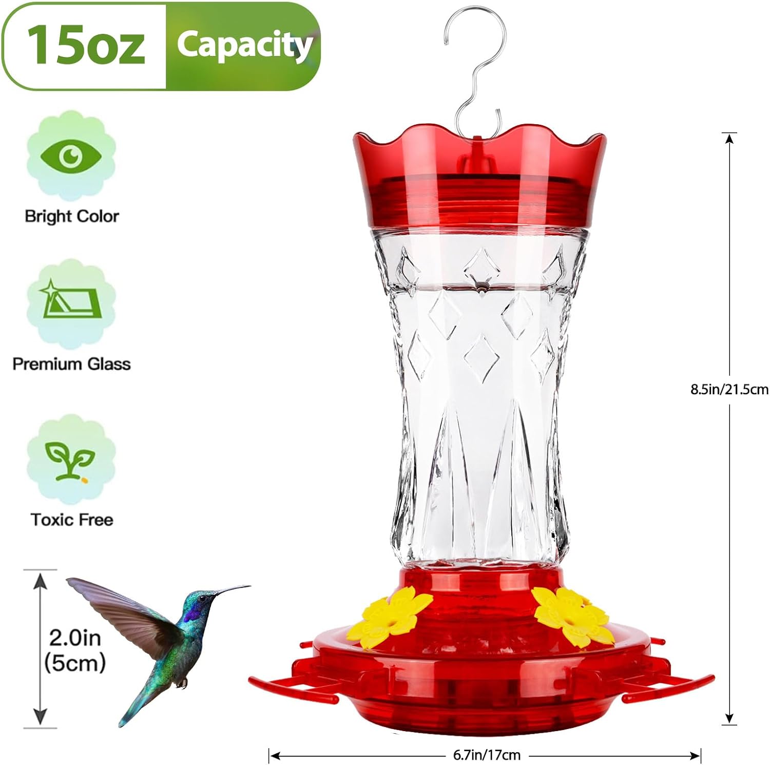 BOLITE Glass Hummingbird Feeder - 15 Ounce Leak-Proof Design with 4 Bee Guards | Red Stars Decor, 2 Pack