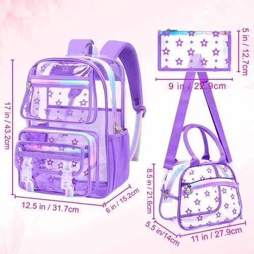 UFNDC 3PCS Clear School Backpack, Girls Star Purple Transparent Bookbag Heavy Duty, See Through PVC Bag