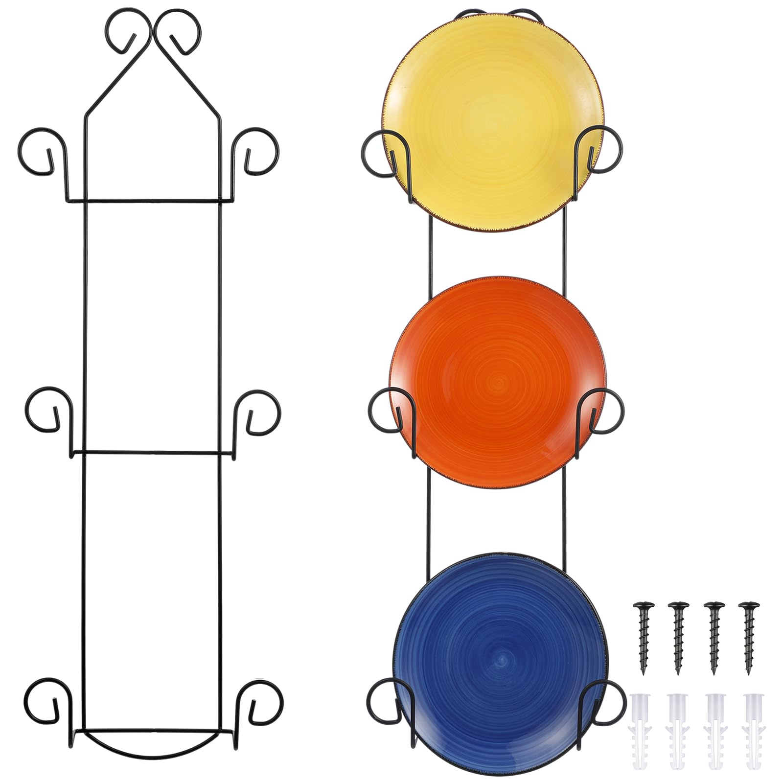 Menkxi Set of 2 Plate Rack for Wall Vertical 3 Tier Metal Wall Plate Holder Display Hanger for Dishes Decorative Plates Arts with Screw Fittings for Collectible Plates Picture Frames Artwork(Black)