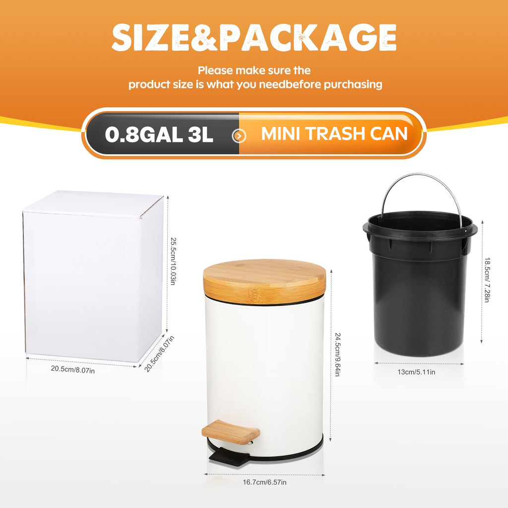 ODJSY Small Bathroom Trash Can with Natural Bamboo Lid Soft Close，3 Liter / 0.8 GallonStainless Steel Garbage Can with Removable Inner Bucket andStep Pedal（White）