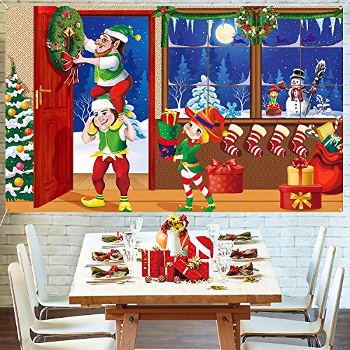Christmas Photo Backdrop Banner for Photography Scene Decor - Santa Elves Snow Winter Scene
