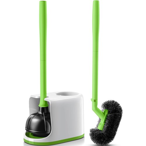 HAMITOR Toilet Plunger Bowl Brush Combo：Heavy Duty Rubber for Drain Clog Remover - Curved Design Bristles for Deep Cleaning Under Rim - Compact Bathroom Cleaning Tools for New Homet Essentials-Green