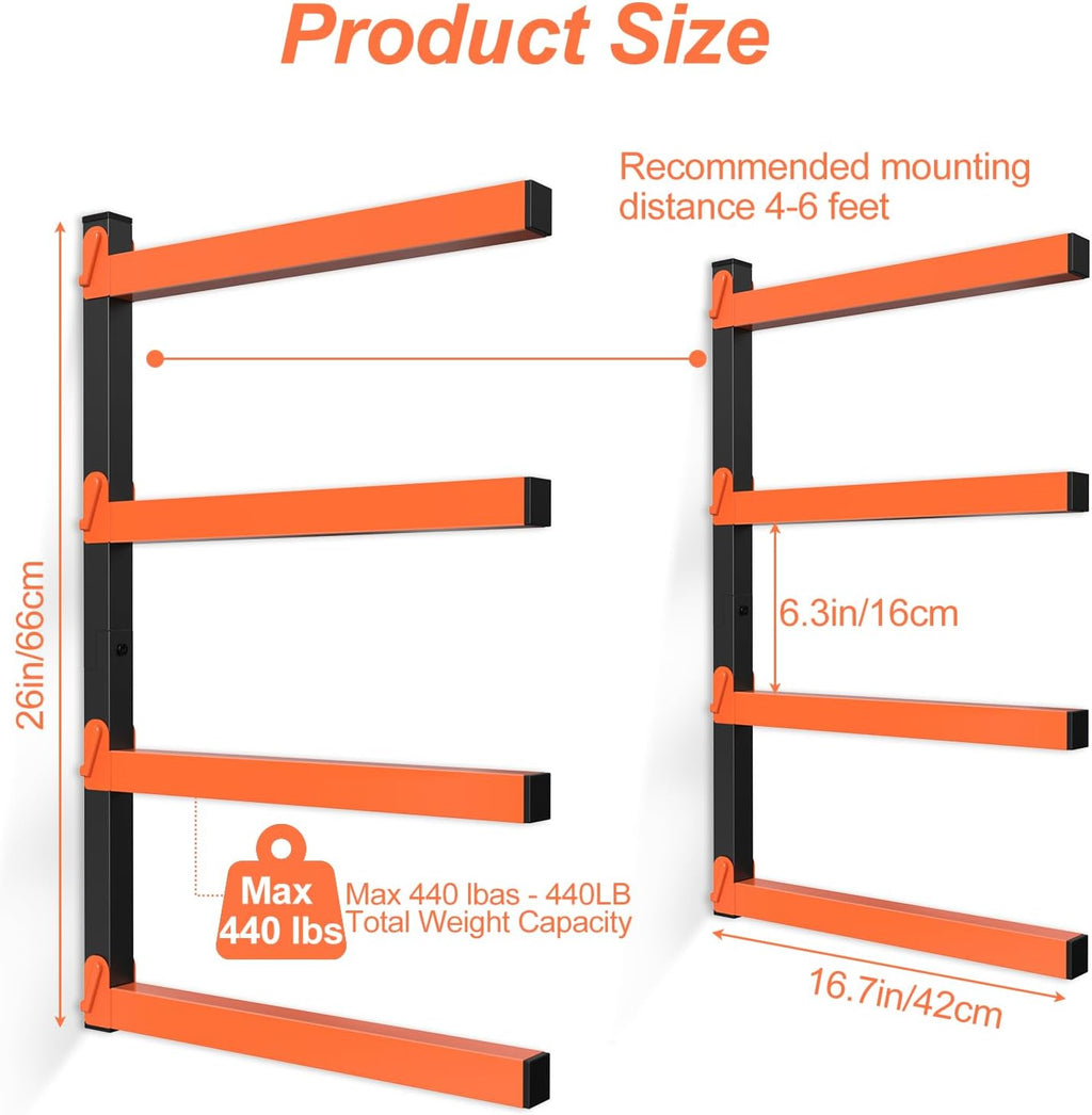 NANANARDOSO Wall Mount Wood Organizer - Heavy-Duty Metal Shelf with 4 Levels | 2-Pack Lumber Racks for Indoor/Outdoor Use