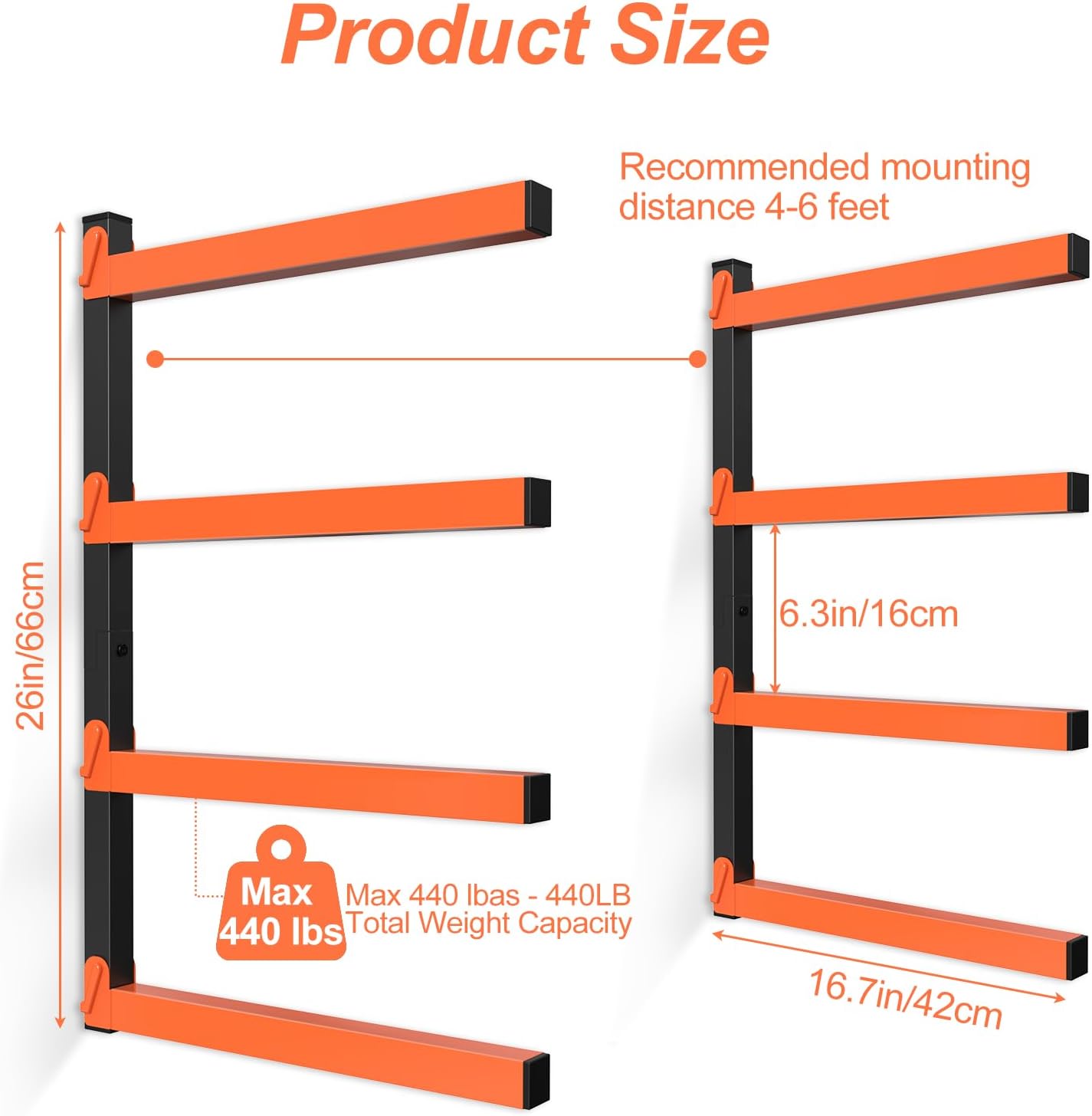 NANANARDOSO Wall Mount Wood Organizer - Heavy-Duty Metal Shelf with 4 Levels | 2-Pack Lumber Racks for Indoor/Outdoor Use